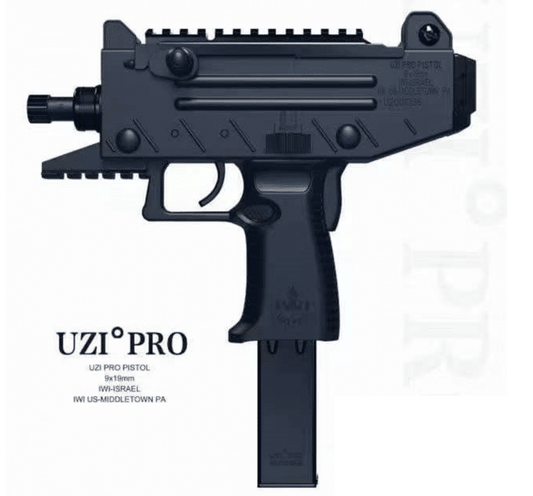 A black UZI PRO gel blaster gun with a metal upper receiver, polymer middle part frame, and metal trigger.
