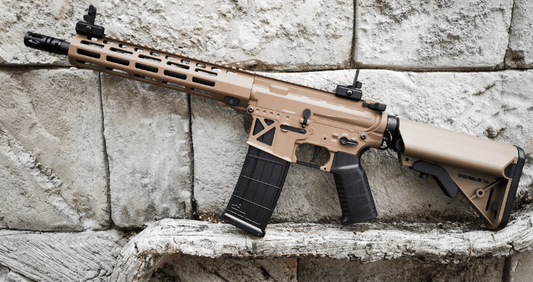 A tan-colored Well M4 Gel Blaster rifle with a full metal CNC receiver,