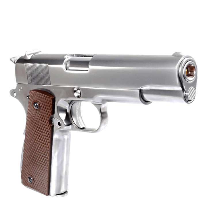 WE TECH 1911 GI GELSOFT GAS BLOW BACK PISTOL - CHROME + CHECKER GRIPS - Gel Blaster Guns, Pistols, Handguns, Rifles For Sale