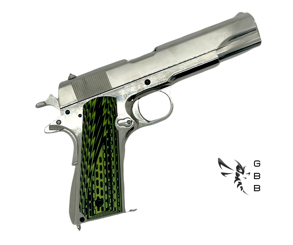 Custom 1911 Nickel plated GBB Pistol with Green Tactical Grips (Gas) - Gel Blaster Guns, Pistols, Handguns, Rifles For Sale