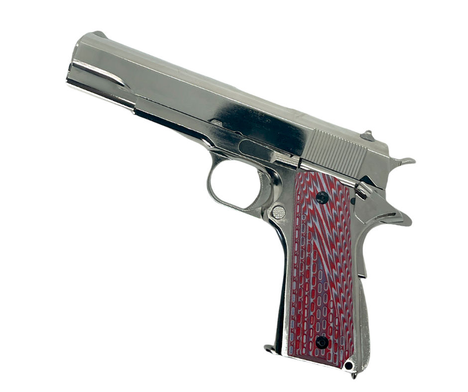 Custom 1911 Nickel plated GBB Pistol with Red Tactical Grips (Gas) - Gel Blaster Guns, Pistols, Handguns, Rifles For Sale