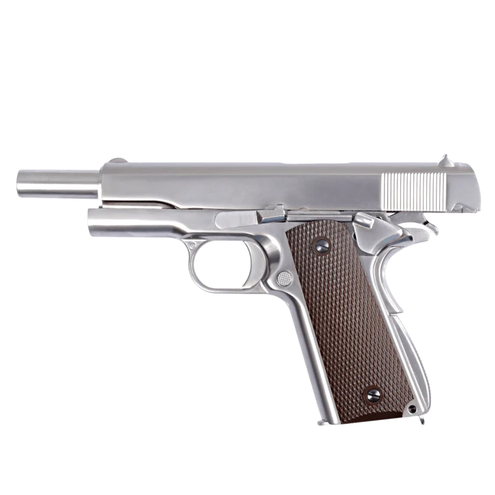 WE TECH 1911 GI GELSOFT GAS BLOW BACK PISTOL - CHROME + CHECKER GRIPS - Gel Blaster Guns, Pistols, Handguns, Rifles For Sale