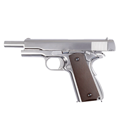 WE TECH 1911 GI GELSOFT GAS BLOW BACK PISTOL - CHROME + CHECKER GRIPS - Gel Blaster Guns, Pistols, Handguns, Rifles For Sale