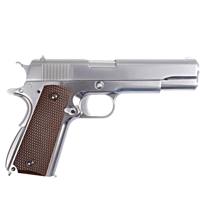 WE TECH 1911 GI GELSOFT GAS BLOW BACK PISTOL - CHROME + CHECKER GRIPS - Gel Blaster Guns, Pistols, Handguns, Rifles For Sale