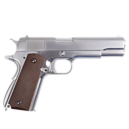 WE TECH 1911 GI GELSOFT GAS BLOW BACK PISTOL - CHROME + CHECKER GRIPS - Gel Blaster Guns, Pistols, Handguns, Rifles For Sale