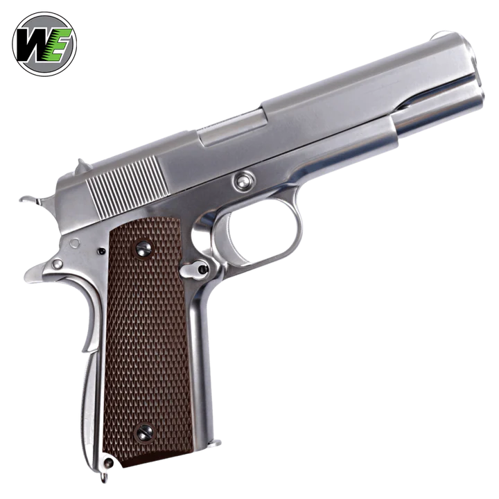 WE TECH 1911 GI GELSOFT GAS BLOW BACK PISTOL - CHROME + CHECKER GRIPS - Gel Blaster Guns, Pistols, Handguns, Rifles For Sale
