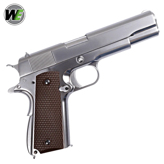 WE TECH 1911 GI GELSOFT GAS BLOW BACK PISTOL - CHROME + CHECKER GRIPS - Gel Blaster Guns, Pistols, Handguns, Rifles For Sale