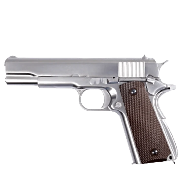 WE TECH 1911 GI GELSOFT GAS BLOW BACK PISTOL - CHROME + CHECKER GRIPS - Gel Blaster Guns, Pistols, Handguns, Rifles For Sale