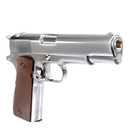 WE TECH 1911 GI GELSOFT GAS BLOW BACK PISTOL - CHROME + CHECKER GRIPS - Gel Blaster Guns, Pistols, Handguns, Rifles For Sale