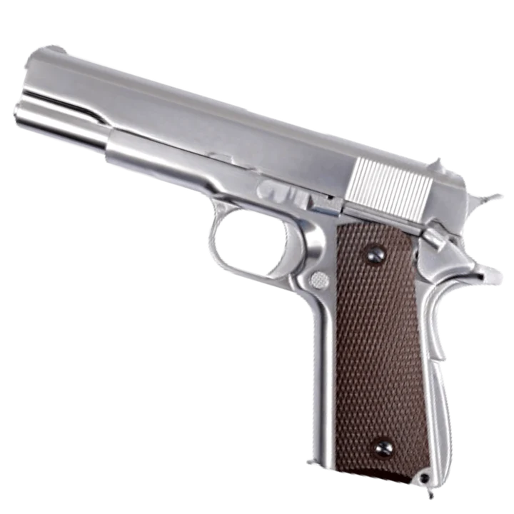 WE TECH 1911 GI GELSOFT GAS BLOW BACK PISTOL - CHROME + CHECKER GRIPS - Gel Blaster Guns, Pistols, Handguns, Rifles For Sale