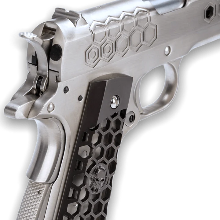 WE TECH 1911 HEX CUT GELSOFT GAS BLOWBACK PISTOL - SILVER - Gel Blaster Guns, Pistols, Handguns, Rifles For Sale