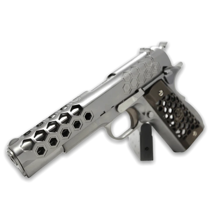 WE TECH 1911 HEX CUT GELSOFT GAS BLOWBACK PISTOL - SILVER - Gel Blaster Guns, Pistols, Handguns, Rifles For Sale