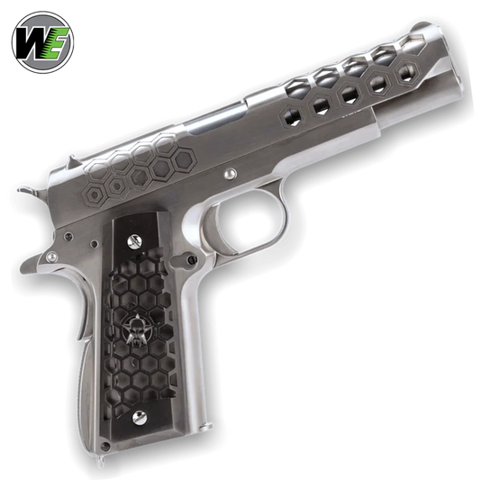 WE TECH 1911 HEX CUT GELSOFT GAS BLOWBACK PISTOL - SILVER - Gel Blaster Guns, Pistols, Handguns, Rifles For Sale